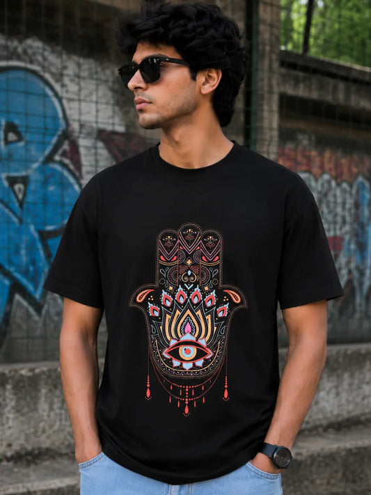 Hamsa Hand Black Regular Fit T-Shirt