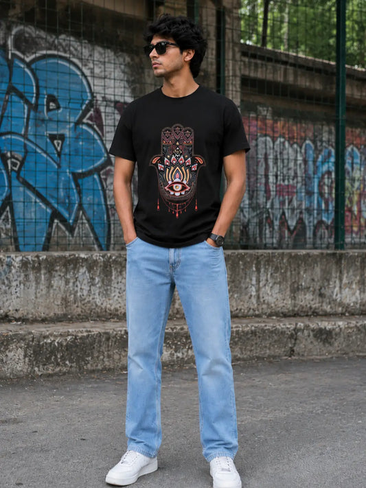 Hamsa Hand Black Regular Fit T-Shirt